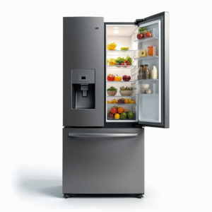 A modern stainless steel refrigerator with a French door design, featuring an ice and water dispenser on the front. The left door is closed, while the right door is open, revealing shelves filled with various fruits and vegetables. The control panel is located on the front, near the dispenser.