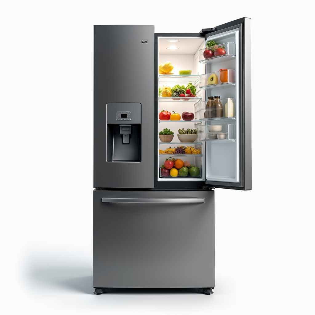 A modern stainless steel refrigerator with a French door design, featuring an ice and water dispenser on the front. The left door is closed, while the right door is open, revealing shelves filled with various fruits and vegetables. The control panel is located on the front, near the dispenser.