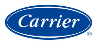 Logo of Carrier, featuring a blue background with the brand name "Carrier" in white cursive font. The design is simple and focuses on brand recognition.