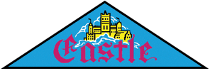 Logo of a brand named Castle featuring a colorful illustration of a castle against a blue background. The text is styled in a bold, medieval font.