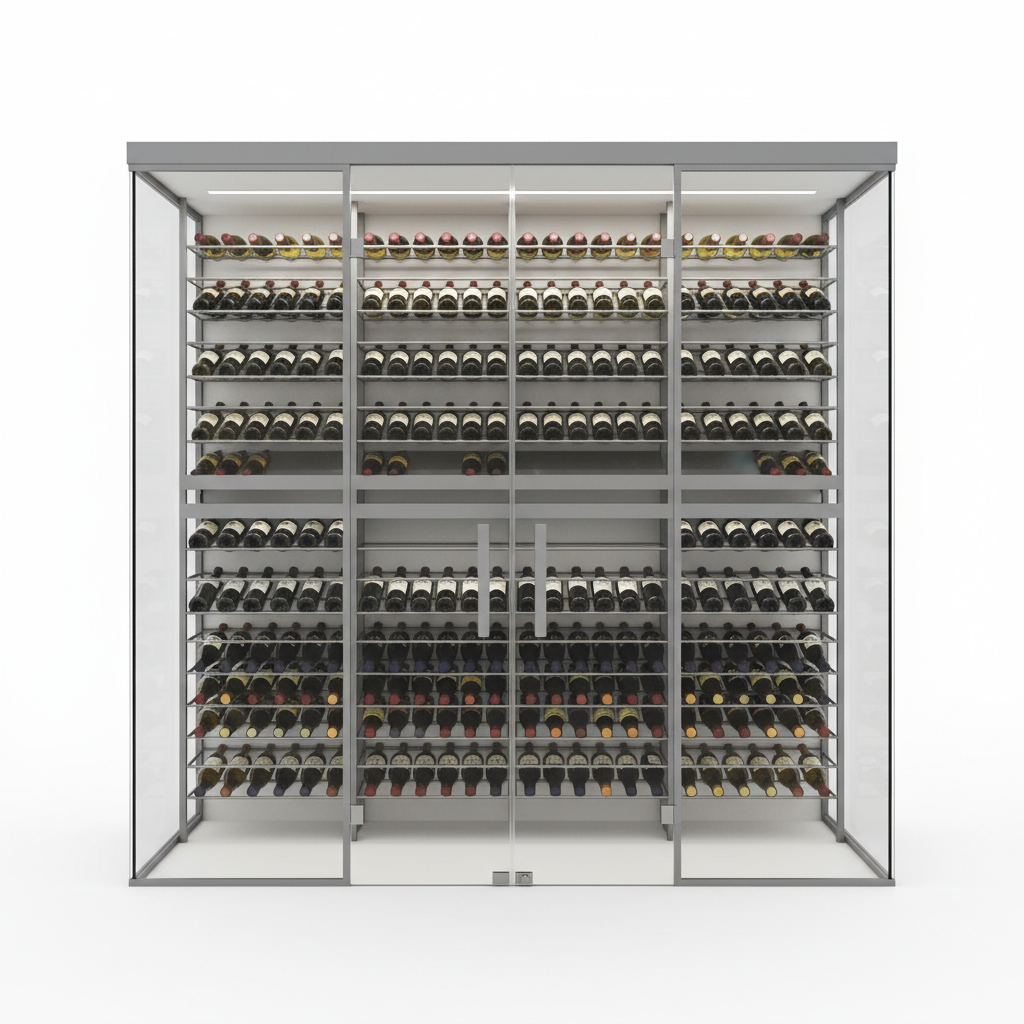 Glass-front wine cellar with metal racks filled with horizontally stored wine bottles