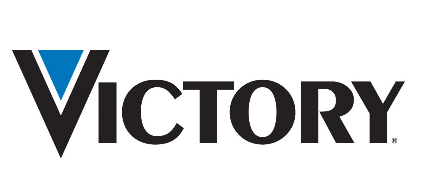Logo of Victory, featuring the word "Victory" in bold black letters with a blue triangular accent on the left side.