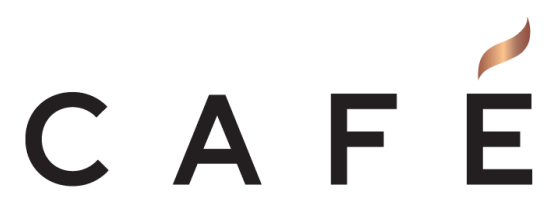 Cafe brand logo featuring modern typography and a stylized flame.