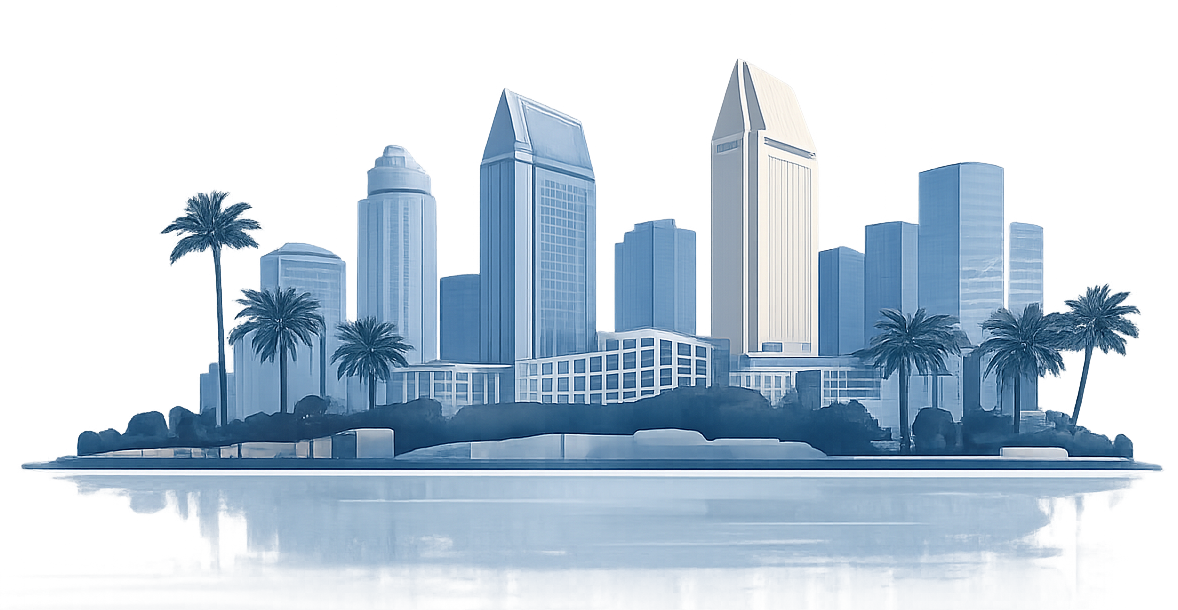 Blue-tinted city skyline on a reflective surface with palm trees and modern skyscrapers.