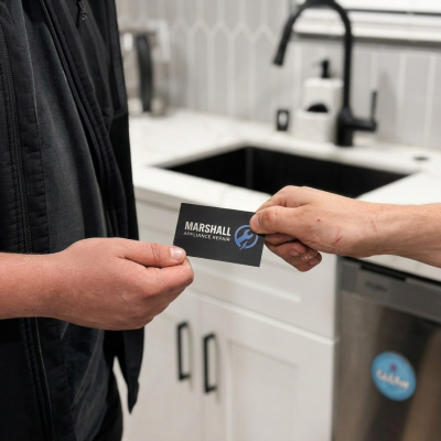 Two hands pass an appliance repair business card in a modern kitchen, with white cabinets, a black faucet, and a stainless dishwasher.