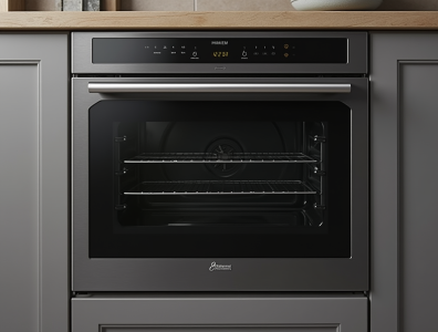 Built-in oven with a sleek black finish and a glass door, featuring a control panel with touch buttons and a digital display. Two wire racks are visible inside the oven.