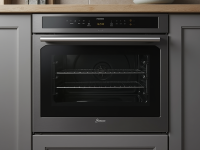 Built-in oven with a sleek black finish and a glass door, featuring a control panel with touch buttons and a digital display. Two wire racks are visible inside the oven.