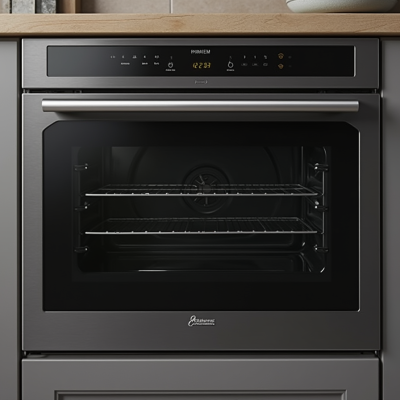 Built-in oven with a sleek black finish and a glass door, featuring a control panel with touch buttons and a digital display. Two wire racks are visible inside the oven.