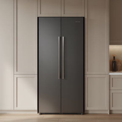 A modern, black stainless steel side-by-side refrigerator with two vertical handles and a sleek design, featuring a minimalist control panel.