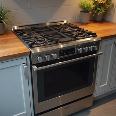 Stainless steel gas range with a five-burner cooktop and a large oven below. The control panel features knobs and a digital display. The range is positioned against a wooden countertop with potted plants nearby.