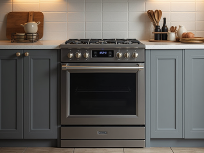 A stainless steel gas range with five burners sits in a kitchen. The control panel features a digital display and knobs for temperature adjustment. The oven door is glass-fronted, allowing visibility of the interior.