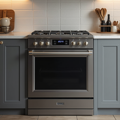 A stainless steel gas range with five burners sits in a kitchen. The control panel features a digital display and knobs for temperature adjustment. The oven door is glass-fronted, allowing visibility of the interior.