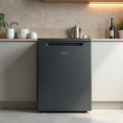 A modern black refrigerator with a textured front and a streamlined control panel is positioned in a kitchen setting. It features a single door design and is complemented by surrounding kitchen elements such as potted plants and kitchenware.