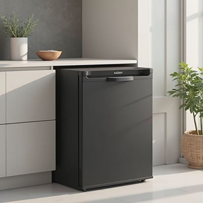 A black under-counter refrigerator with a sleek design and a handle is positioned next to a light-colored cabinet. The control panel is located on the top of the door, and the refrigerator has a modern appearance, suitable for residential settings.