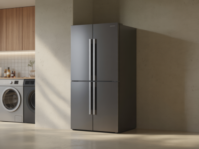 A modern, stainless steel French door refrigerator with a sleek design, featuring a control panel on the front and two handles. The appliance is positioned against a wall, with ambient lighting highlighting its finish.
