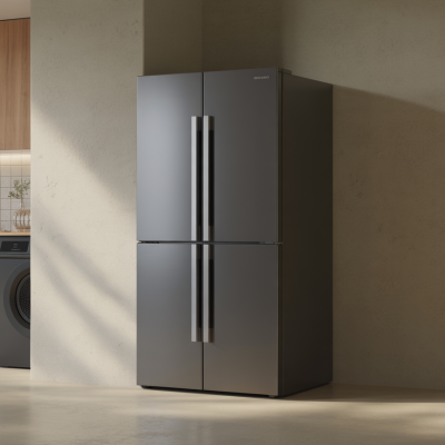 A modern, stainless steel French door refrigerator with a sleek design, featuring a control panel on the front and two handles. The appliance is positioned against a wall, with ambient lighting highlighting its finish.