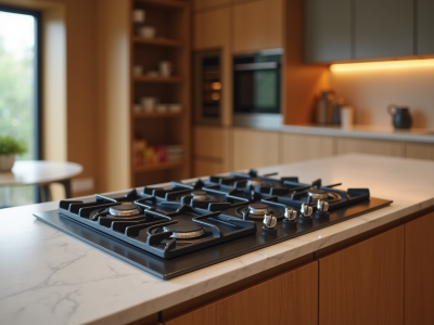 A modern gas cooktop with multiple burners is positioned on a marble countertop. The cooktop features a sleek black surface and stainless steel knobs for burner control. The background includes wooden cabinetry and wall ovens.