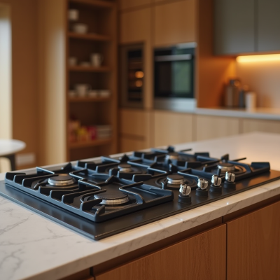 A modern gas cooktop with multiple burners is positioned on a marble countertop. The cooktop features a sleek black surface and stainless steel knobs for burner control. The background includes wooden cabinetry and wall ovens.