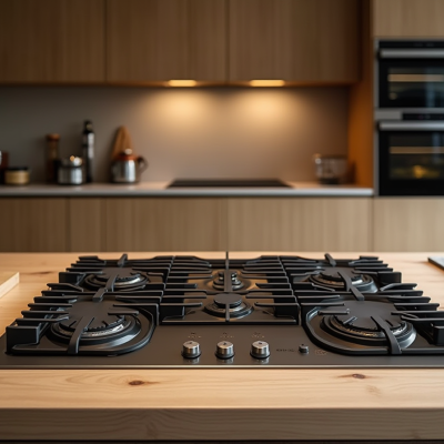 A black gas cooktop with multiple burners and control knobs is displayed on a wooden countertop. The cooktop features a sleek design, and the burners are arranged in a symmetrical pattern.